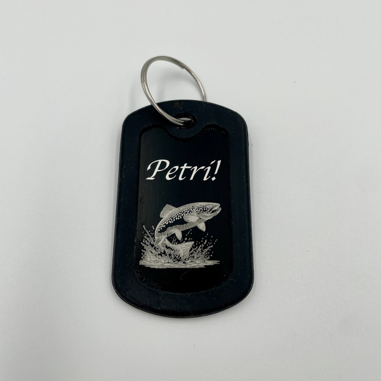 Aluminium-Schlüsselanhänger Dog Tag mit Gravur Forelle Petri mit Kantenschutz
