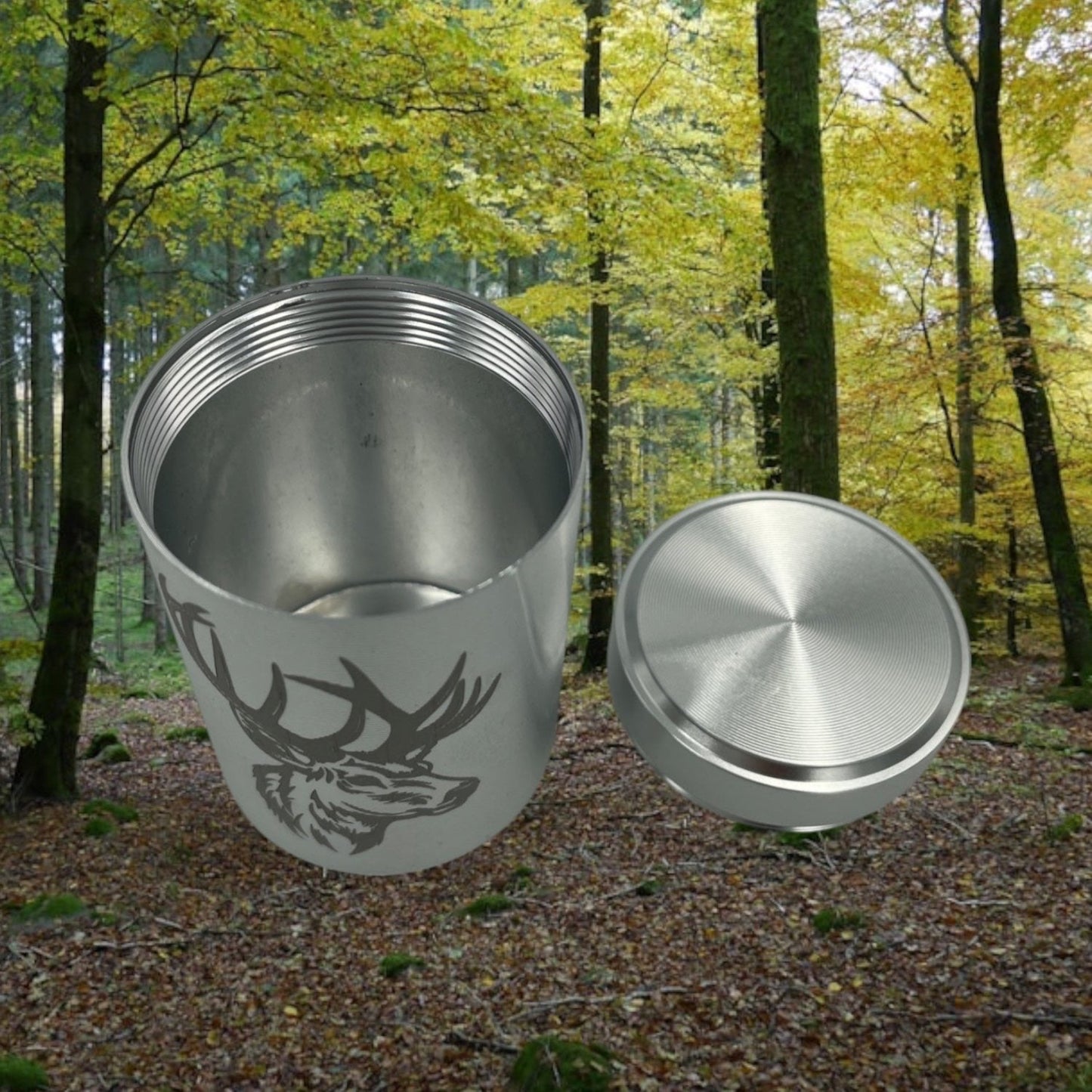 Kleine Teedose aus Aluminium mit Deckel, für Haushalt oder für Unterwegs Motiv Hirsch Silber