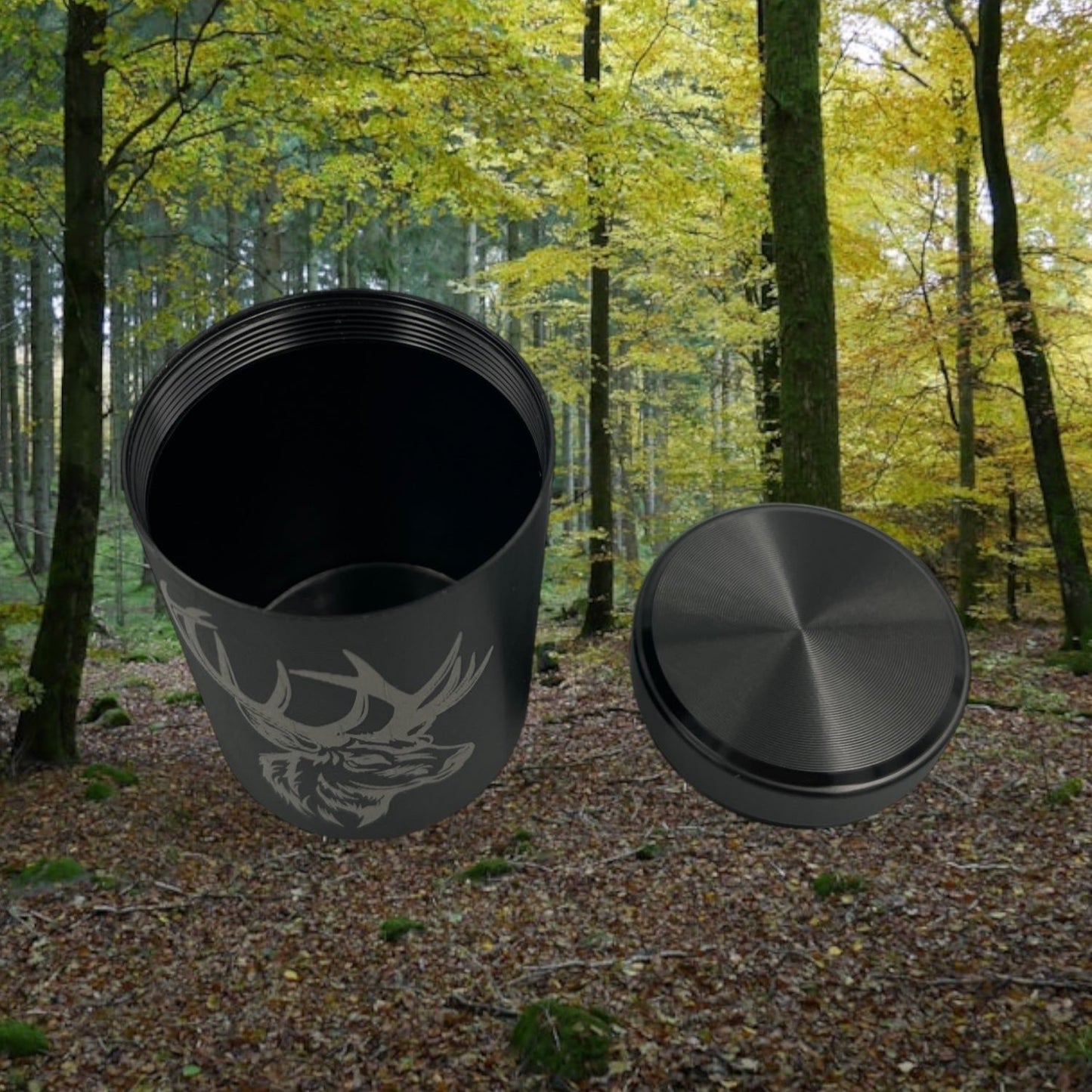 Kleine Teedose aus Aluminium mit Deckel, für Haushalt oder für Unterwegs Motiv Hirsch Schwarz