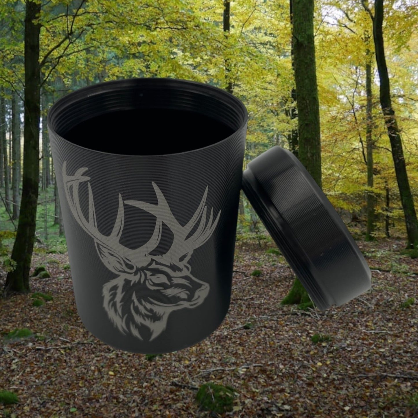 Kleine Teedose aus Aluminium mit Deckel, für Haushalt oder für Unterwegs Motiv Hirsch Schwarz