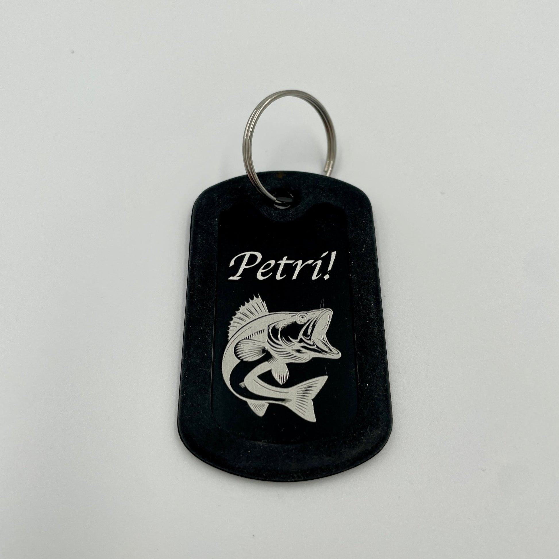 Aluminium-Schlüsselanhänger Dog Tag mit Gravur Zander Petri mit Kantenschutz
