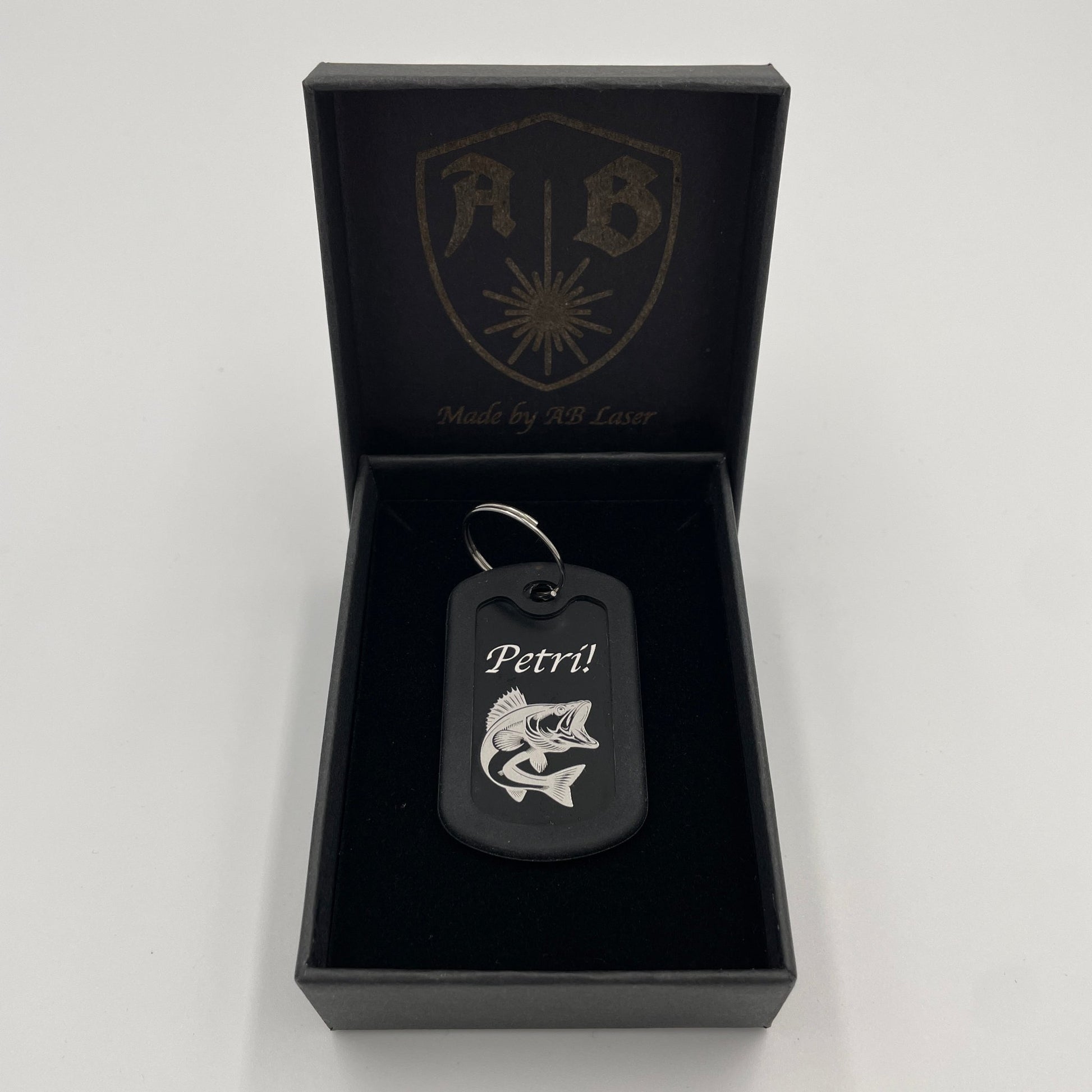 Aluminium-Schlüsselanhänger Dog Tag mit Gravur Zander Petri mit Kantenschutz