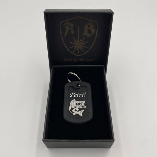 Aluminium-Schlüsselanhänger Dog Tag mit Gravur Zander Petri mit Kantenschutz