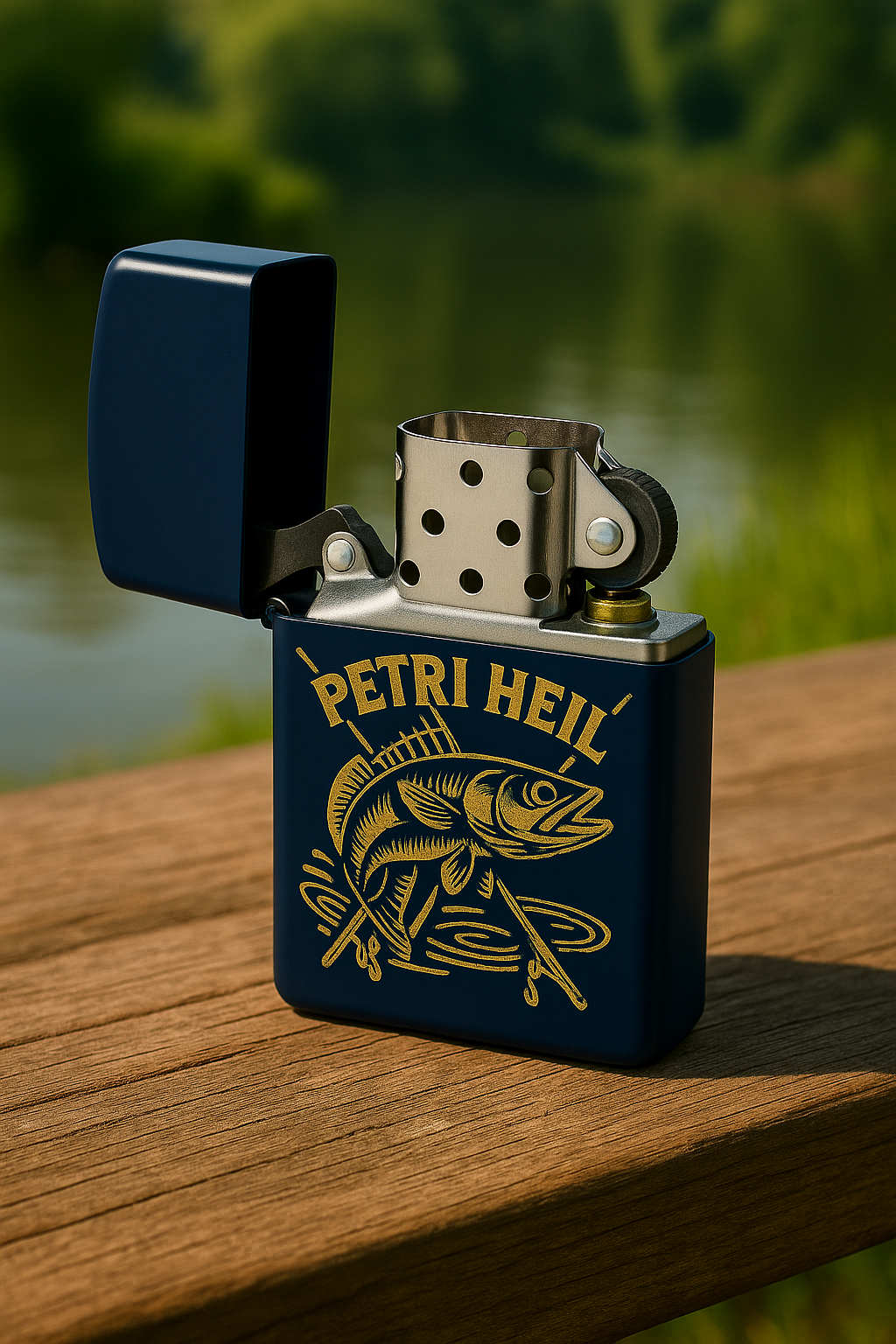 Dunkelblaues Zippo-Feuerzeug mit goldener Gravur eines springenden Fisches und der Aufschrift „Petri Heil“, personalisierbares Angler-Feuerzeug 