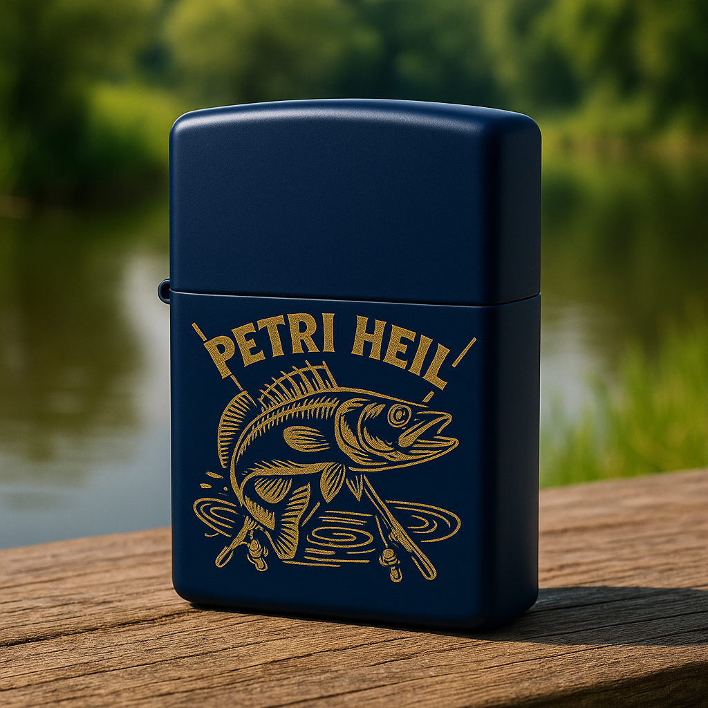Dunkelblaues Zippo-Feuerzeug mit goldener Gravur eines springenden Fisches und der Aufschrift „Petri Heil“, 
