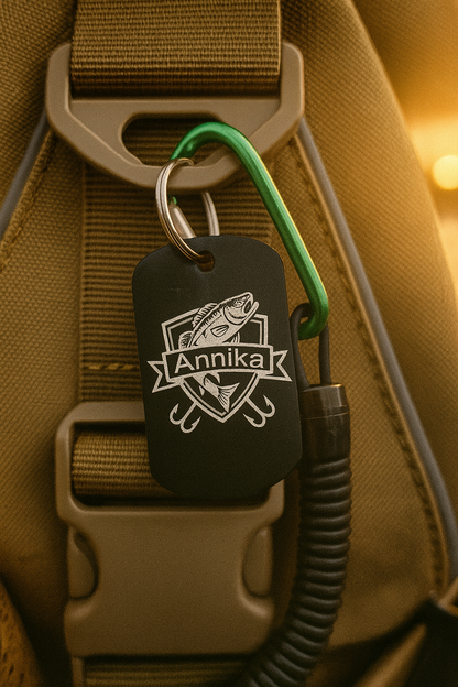 Schlüsselanhänger Barsch – Dog Tag Aluminium mit Name graviert