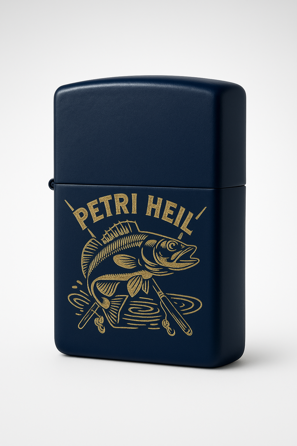 Dunkelblaues Zippo-Feuerzeug mit goldener Gravur eines springenden Fisches und der Aufschrift „Petri Heil“, personalisierbares Angler-Feuerzeug mit Gravur