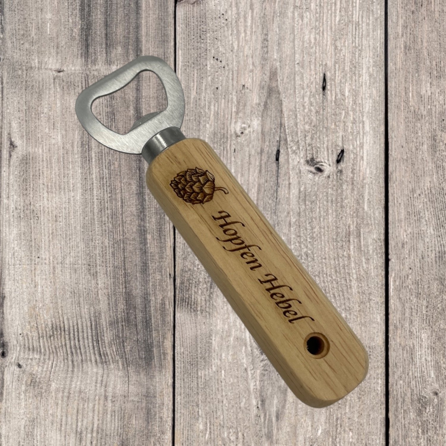 Personalisierter Holz-Flaschenöffner "Hopfen Hebel" – Hochzeit, Logo, Name