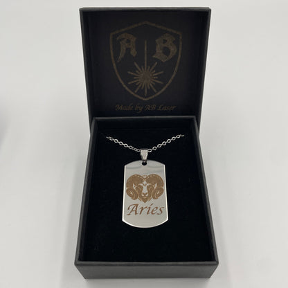 Massiv ID Dog Tag Edelstahl mit Gravur Sternzeichen Anhänger personalisierter + Kette