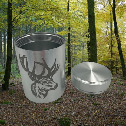 Kleine Teedose aus Aluminium mit Deckel, für Haushalt oder für Unterwegs Motiv Hirsch Silber