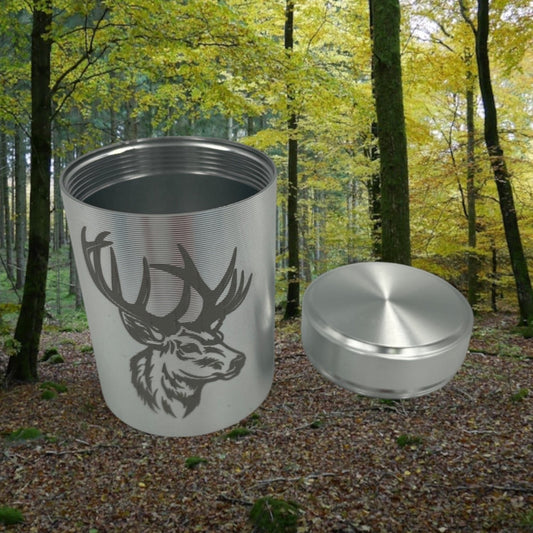 Kleine Teedose aus Aluminium mit Deckel, für Haushalt oder für Unterwegs Motiv Hirsch Silber