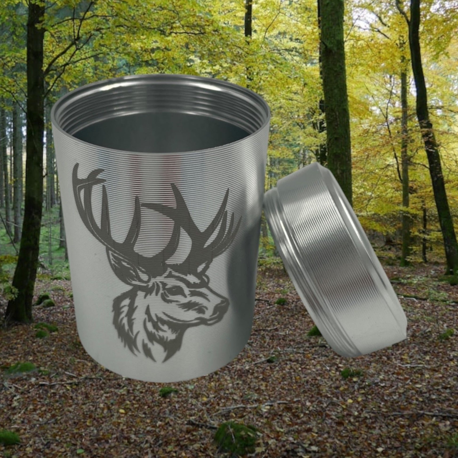 Kleine Teedose aus Aluminium mit Deckel, für Haushalt oder für Unterwegs Motiv Hirsch Silber