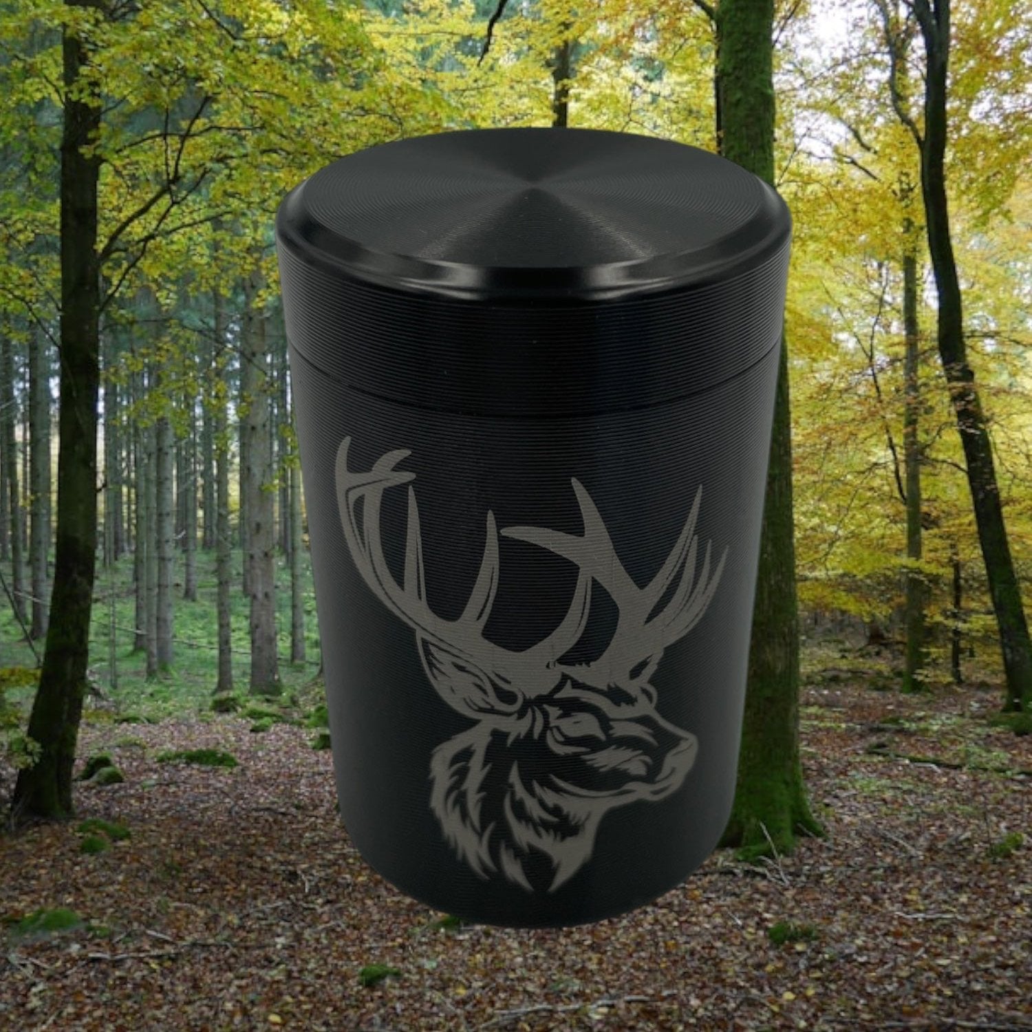 Kleine Teedose aus Aluminium mit Deckel, für Haushalt oder für Unterwegs Motiv Hirsch Schwarz