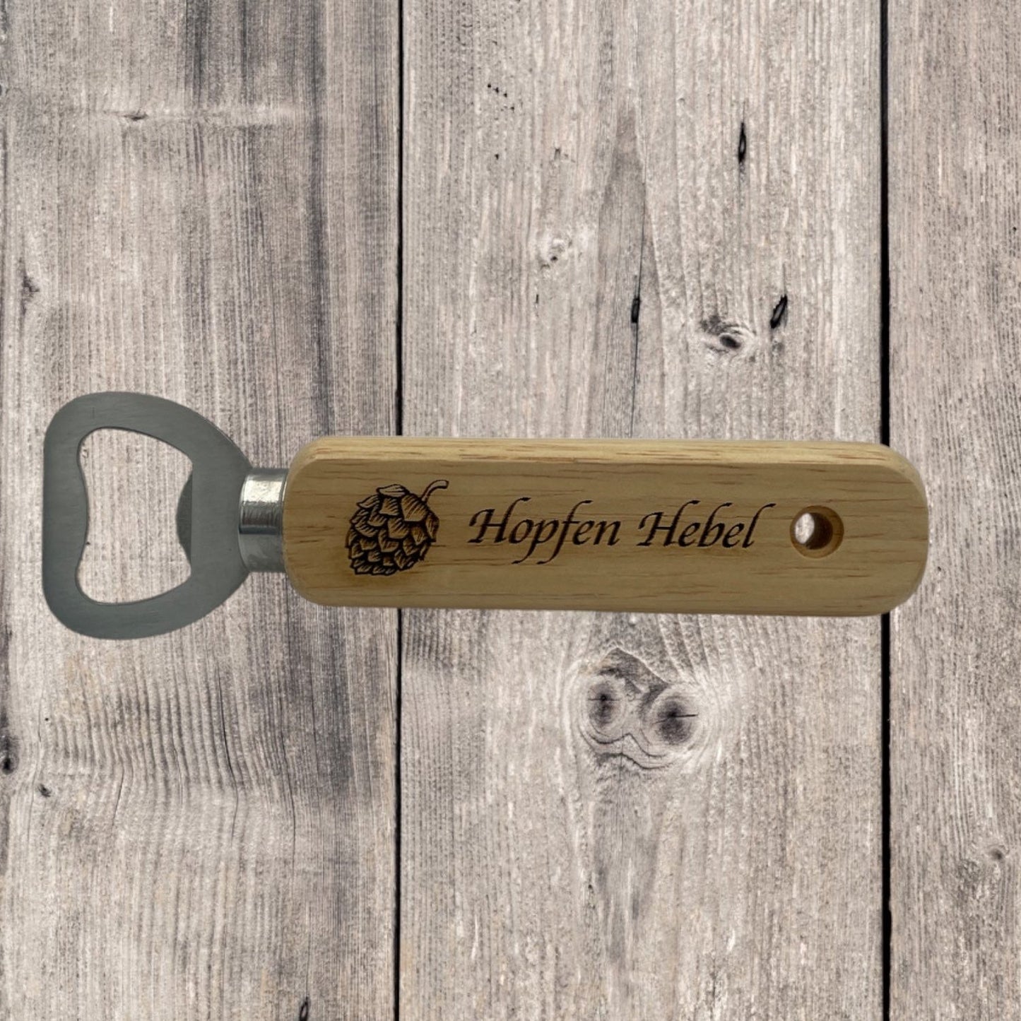 Personalisierter Holz-Flaschenöffner "Hopfen Hebel" – Hochzeit, Logo, Name