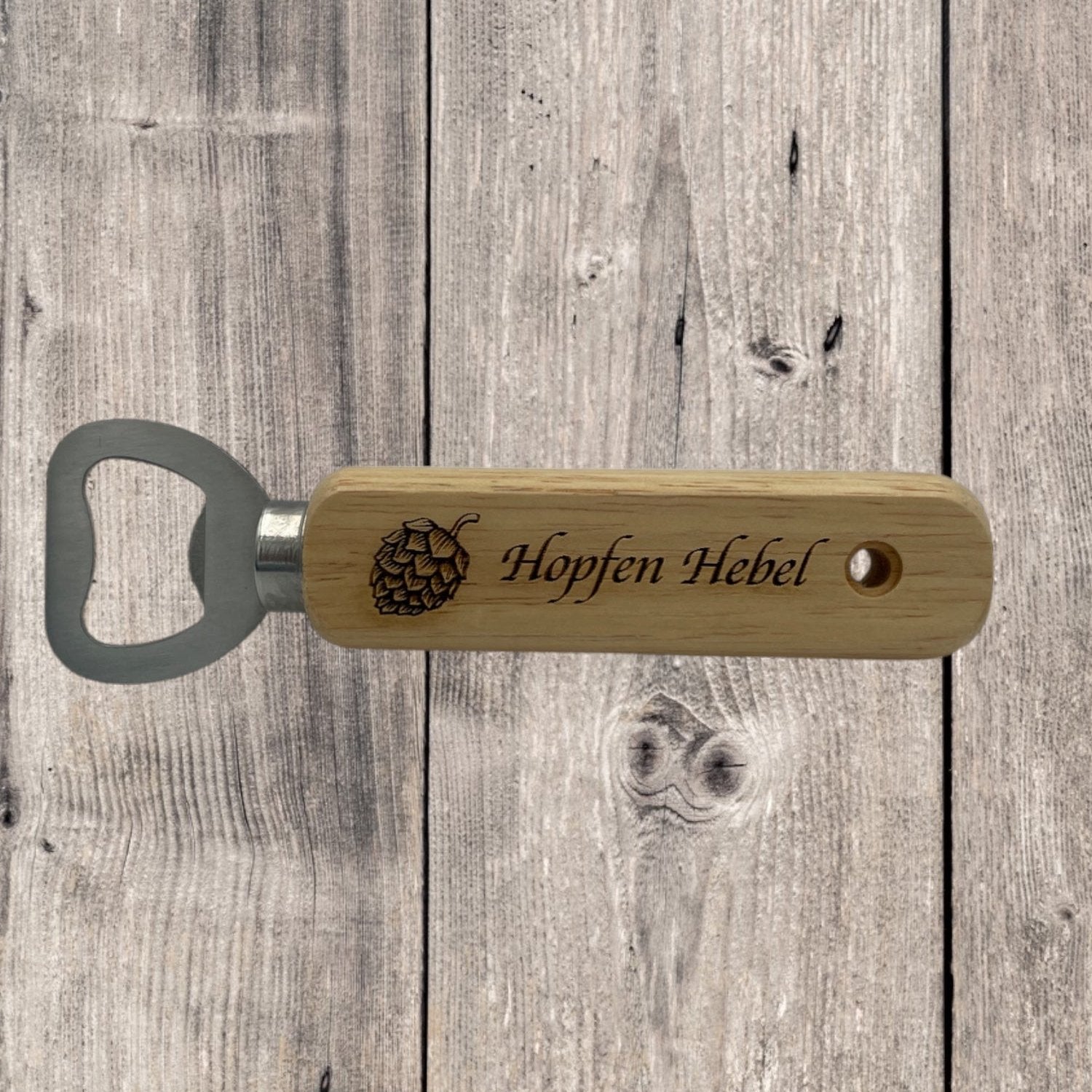 Personalisierter Holz-Flaschenöffner "Hopfen Hebel" – Hochzeit, Logo, Name