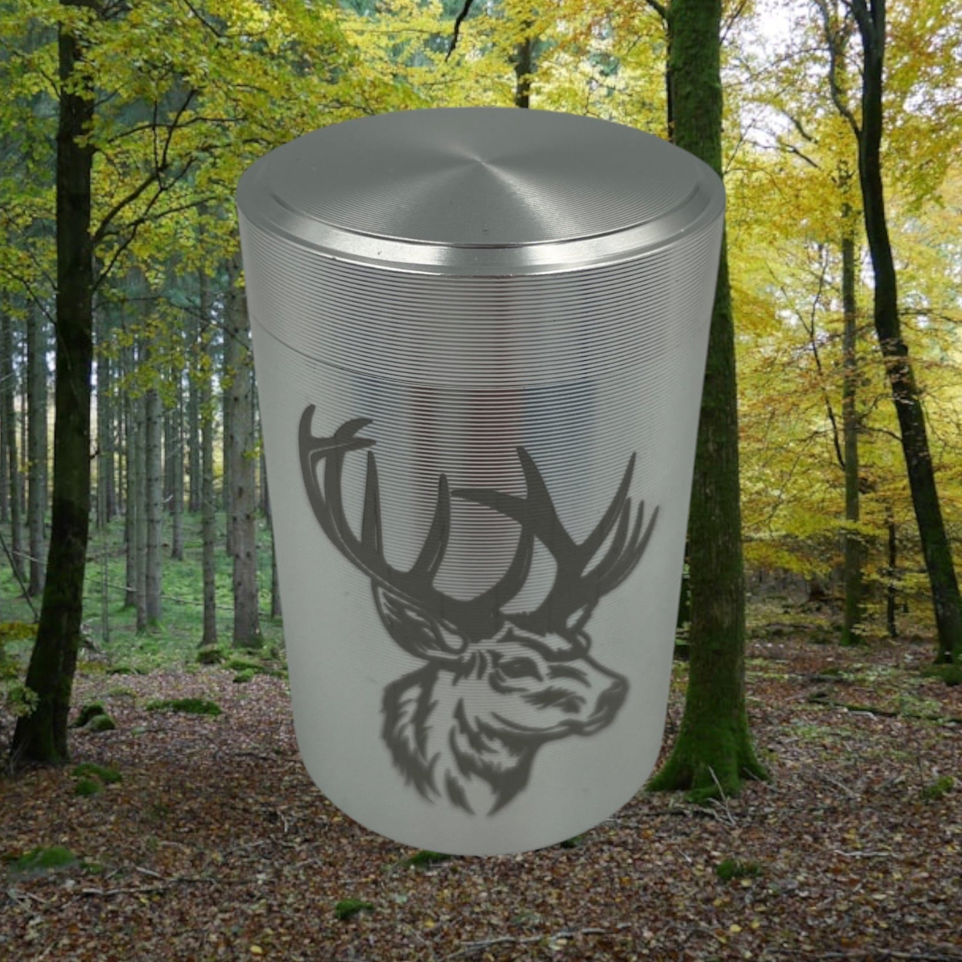 Kleine Teedose aus Aluminium mit Deckel, für Haushalt oder für Unterwegs Motiv Hirsch Silber