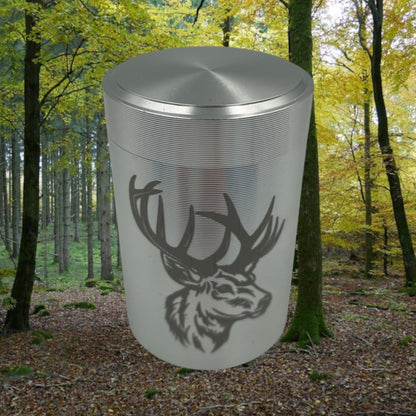 Kleine Teedose aus Aluminium mit Deckel, für Haushalt oder für Unterwegs Motiv Hirsch Silber
