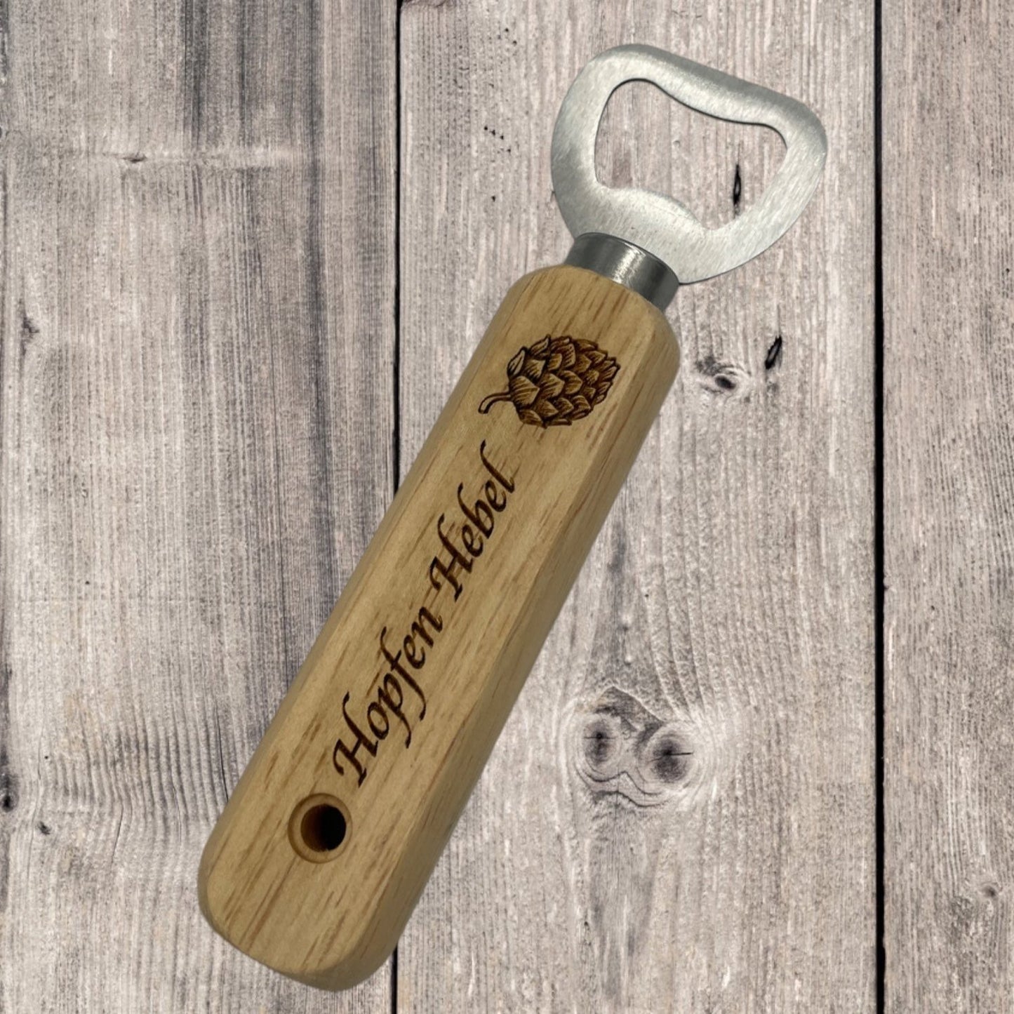 Personalisierter Holz-Flaschenöffner "Hopfen Hebel" – Hochzeit, Logo, Name